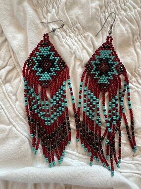 Beaded Fringe Statement Earrings - Red & Turquoise